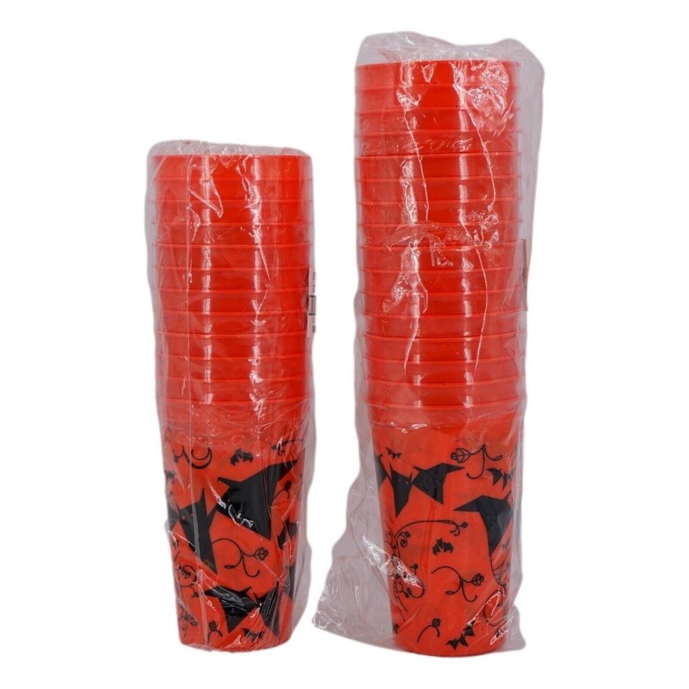 Halloween Party Tumbler Cups Lot Of 28 Red W/ Black Bats Plastic Bradshaw New